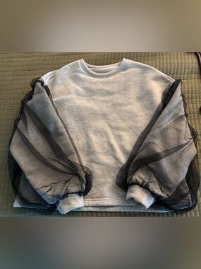 Gray Sweatshirt with Sheer Black Organza Balloon Sleeves
